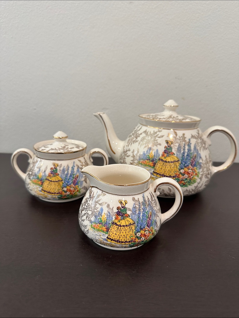 Vintage Sadler England Floral Victorian Lady Porcelain Tea Set White Yellow Blue